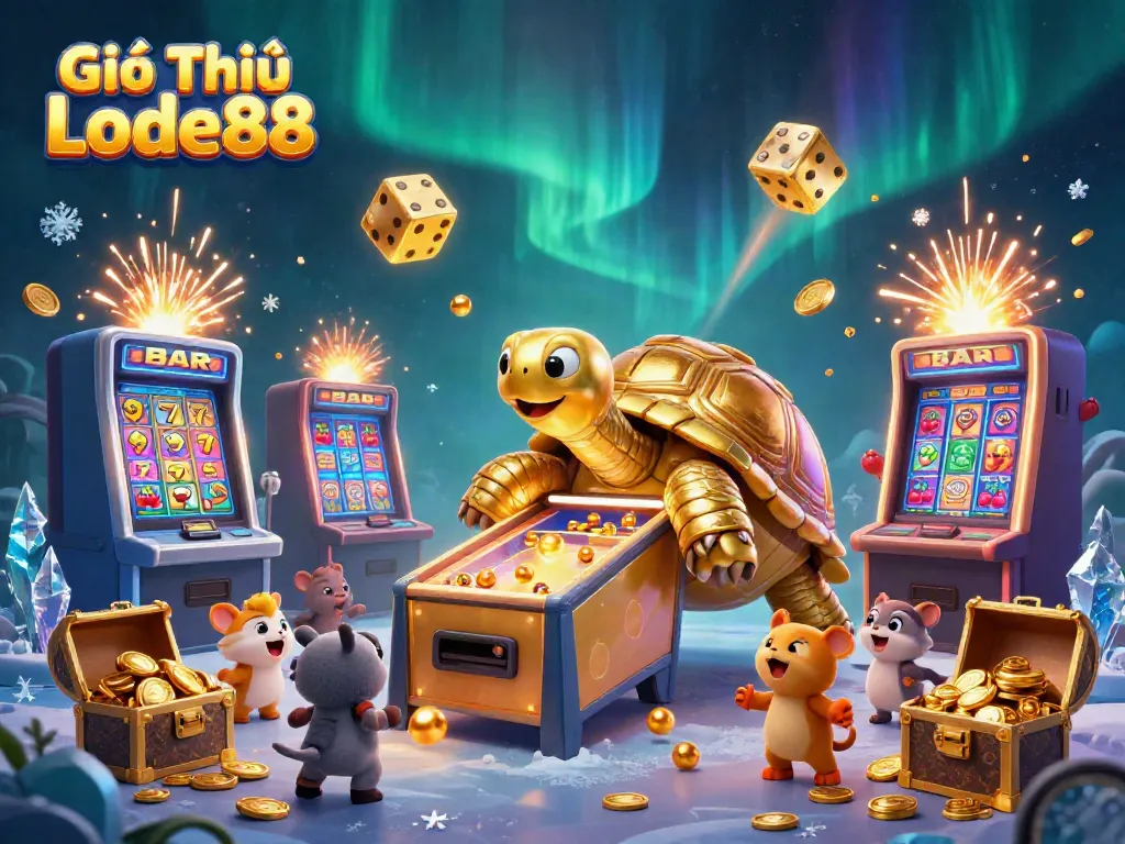 Engage with Giới Thiệu Lode88, the vibrant online casino adventure featuring a golden tortoise and dynamic slot game elements.