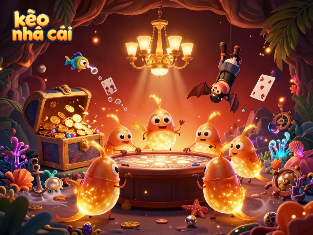 Experience kèo nhà cái in a vibrant 3D animated cave casino, illuminated by glowworms.