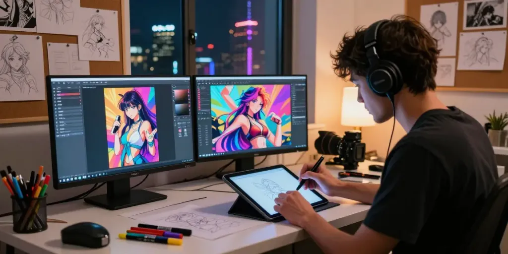 Engaging hentai chat scene with artist designing characters in a vibrant digital studio