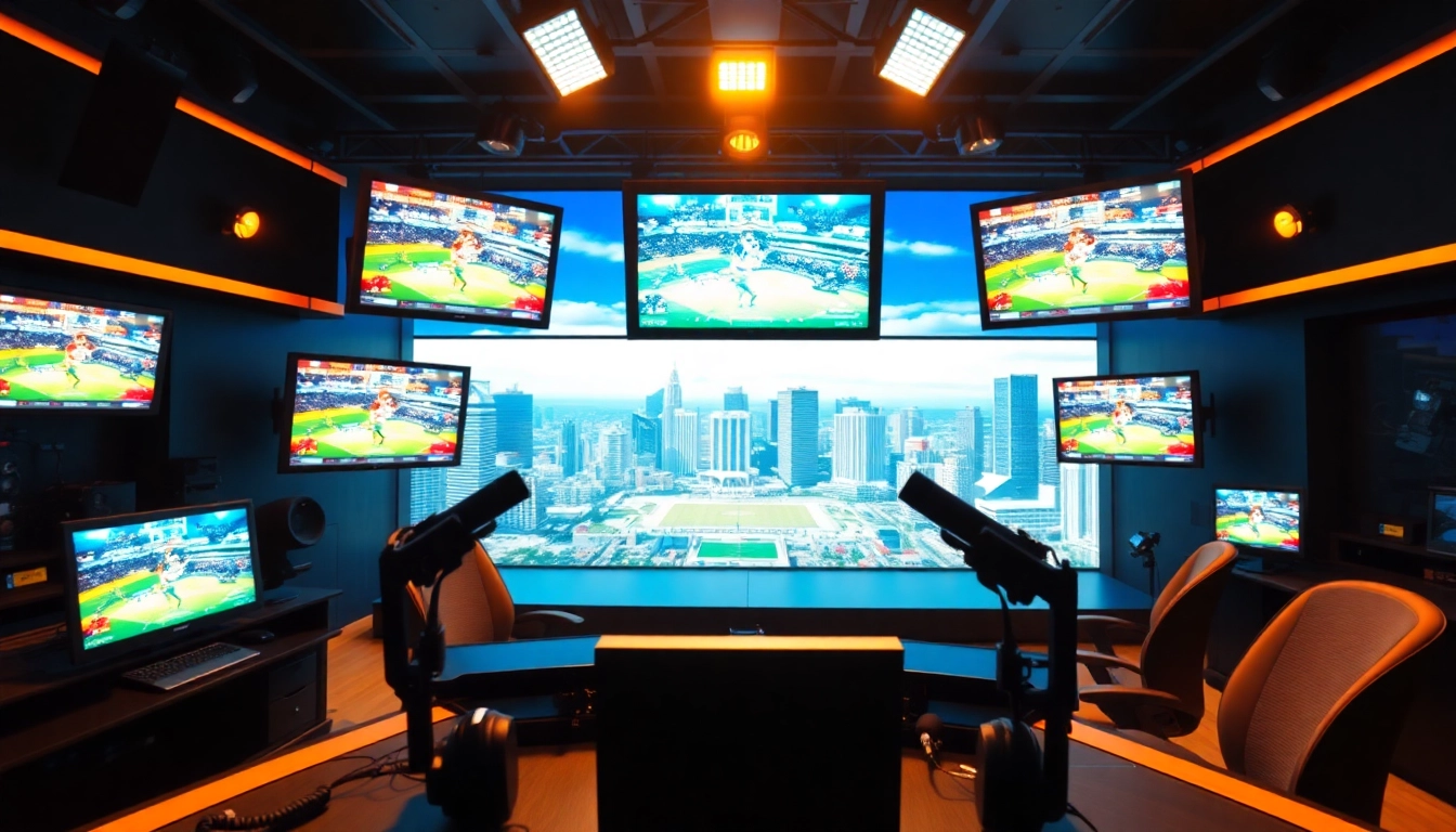 Engaging scene of sports broadcasting with hosts and live game screens.