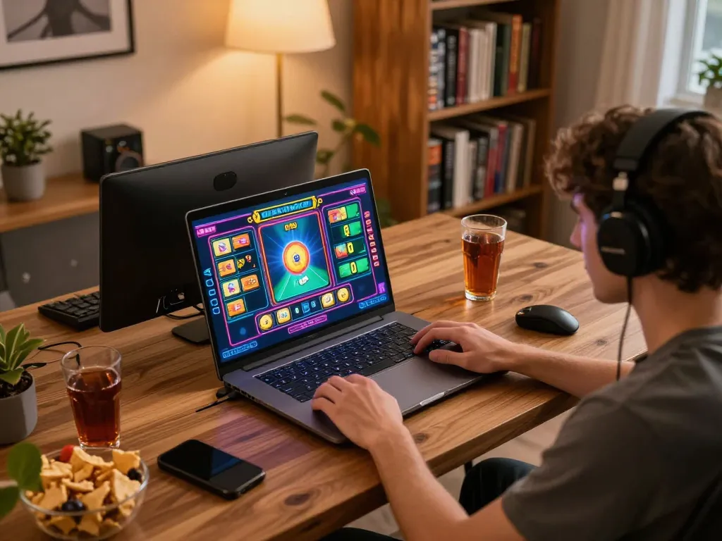 Player engaging with F168 online casino slots game on a laptop, showcasing a comfortable gaming setup.