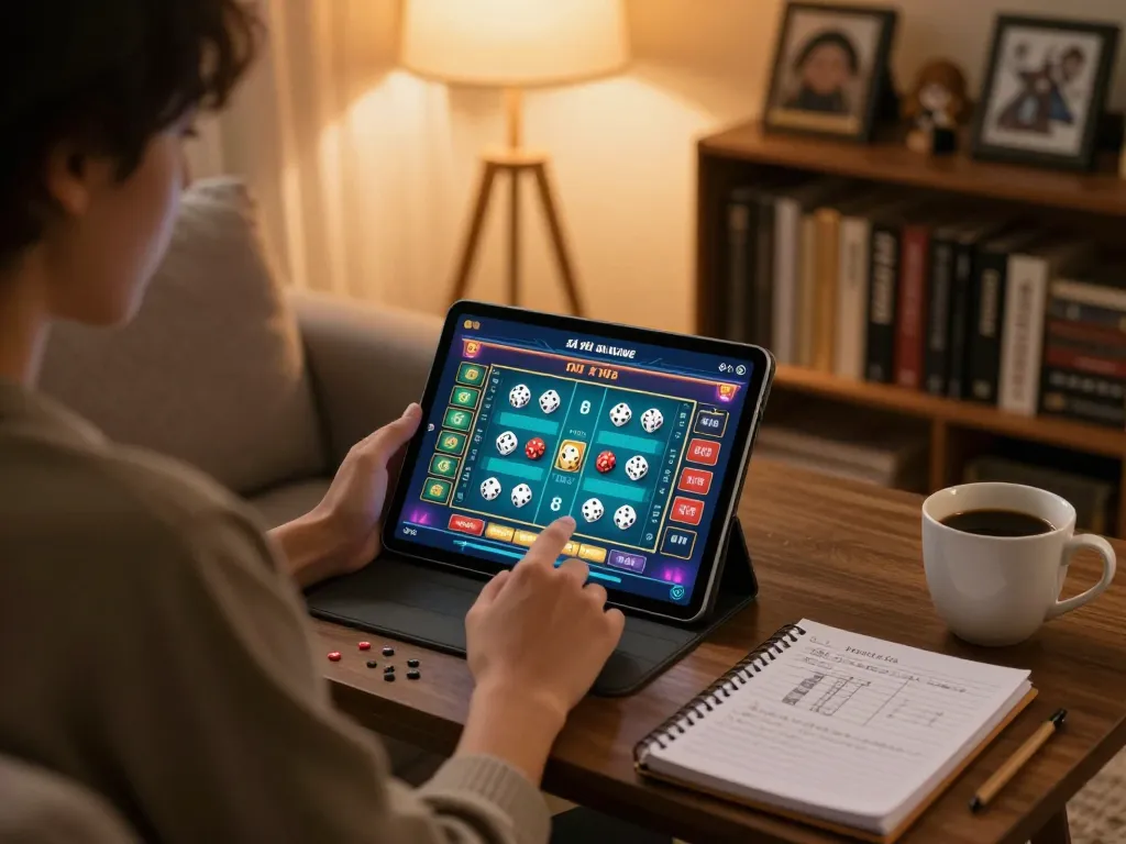 Engaged in game tài xỉu online, a player analyzes strategies on a tablet in a cozy home environment.