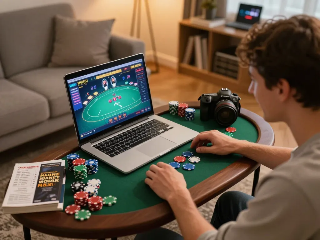 Engaging online poker session at home on https://tr88.bio/ showing laptop screen and poker chips.