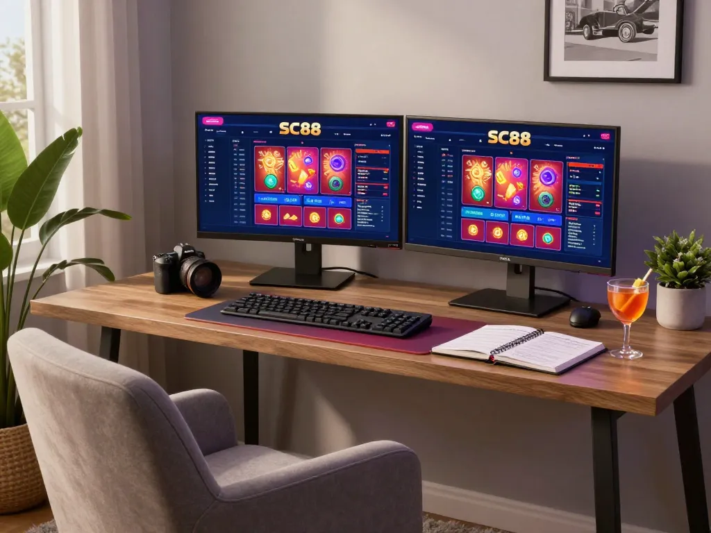 SC88 users engaging in strategic online gaming with a dual-screen setup in a cozy home office