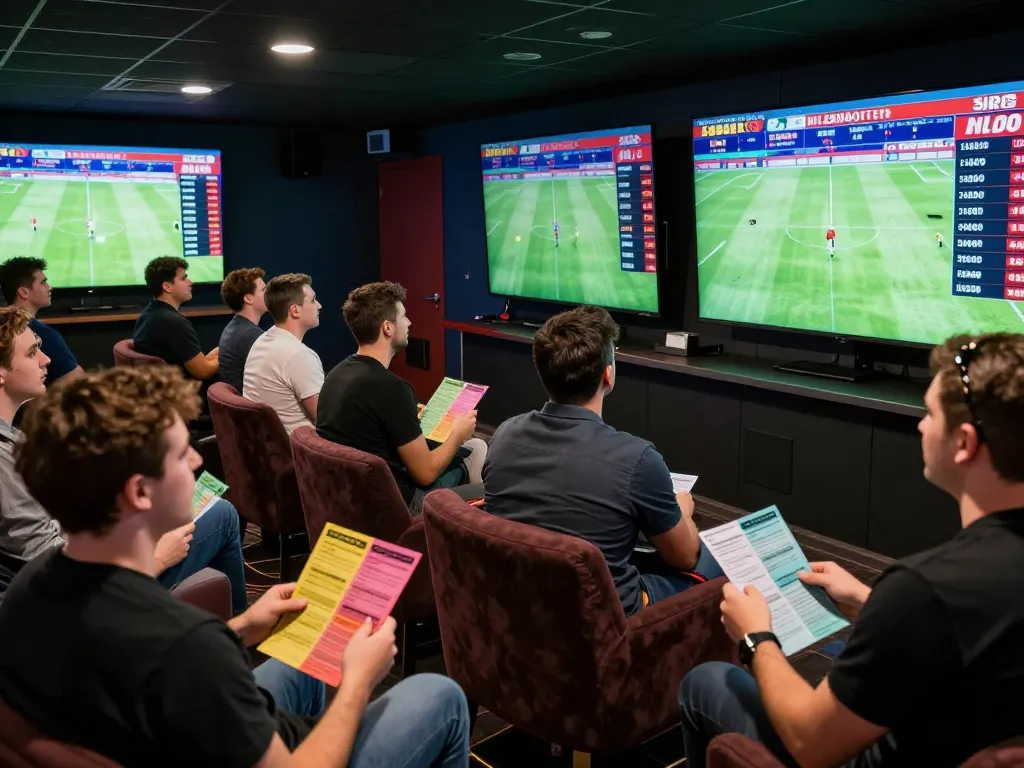 SBOBET88 live sports betting scene with enthusiastic bettors analyzing games and odds in a vibrant sportsbook environment.