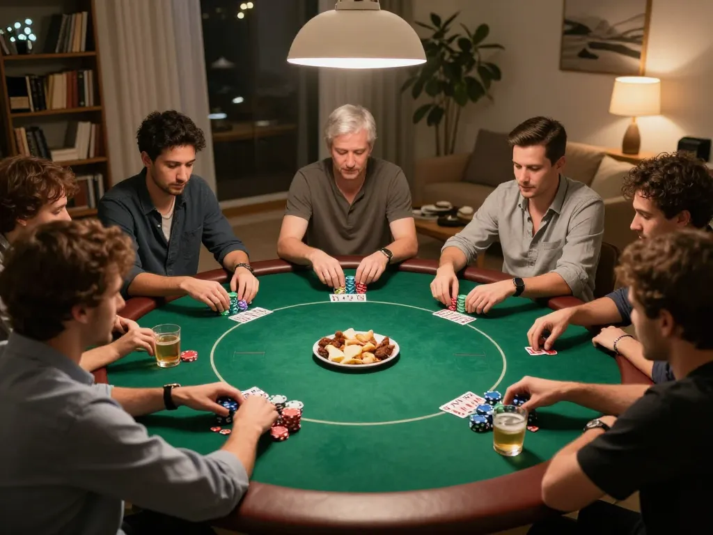 Spieler, die an einem freundlichen Pokerspiel zu Hause teilnehmen, und strategisches Gameplay zeigen, während Immobilienmakler Frankfurt Eschersheim in der Umgebung sichtbar ist.