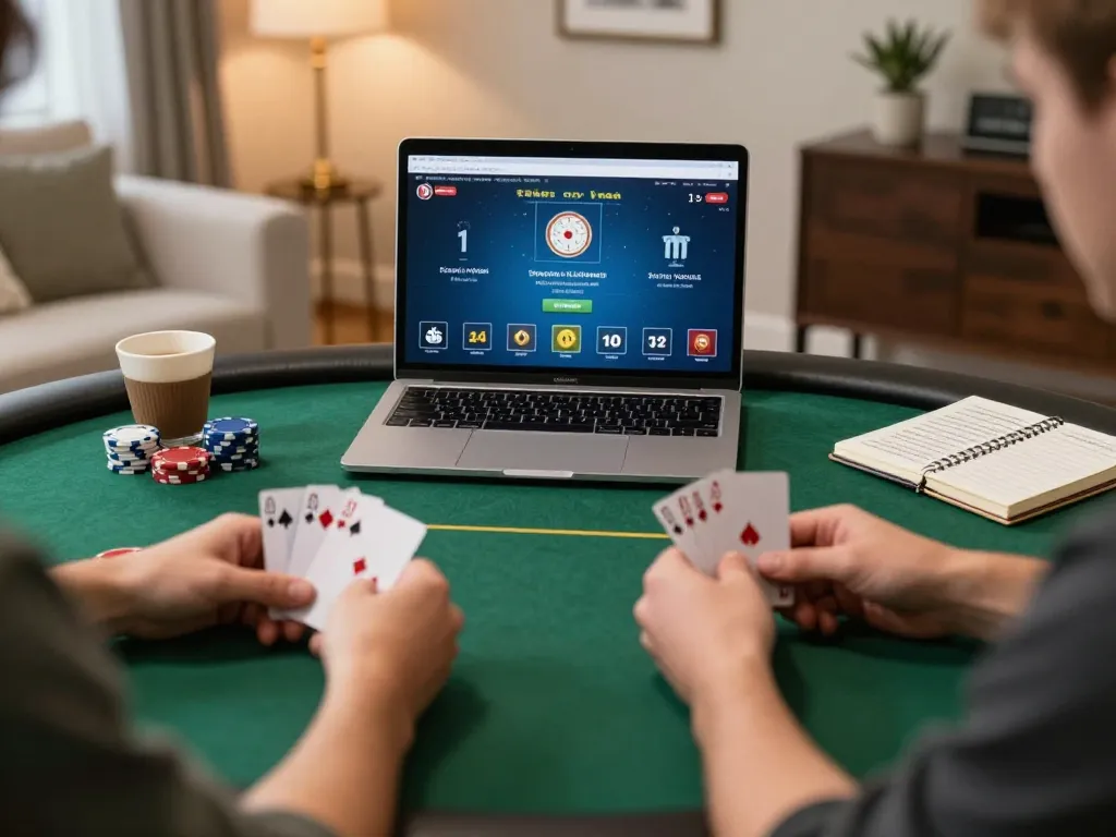 Player immersed in an online f168 poker game with chips and cards visible at home