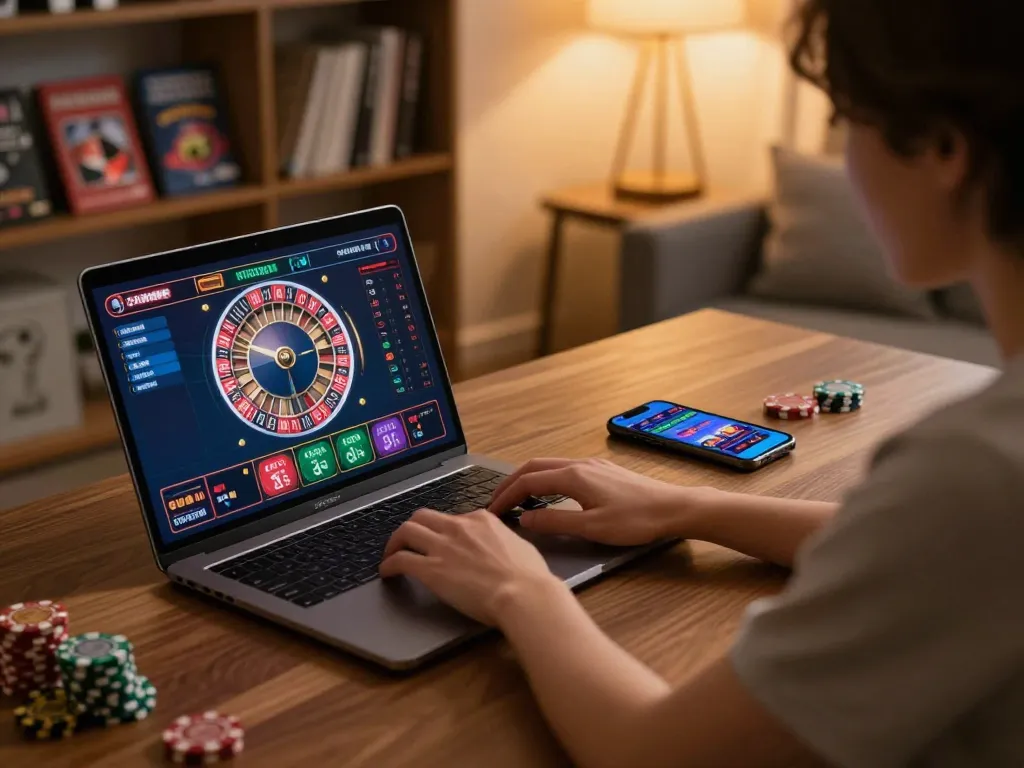 Engaging online gambling scene at nhà cái dn88, featuring a player using a laptop for roulette betting.