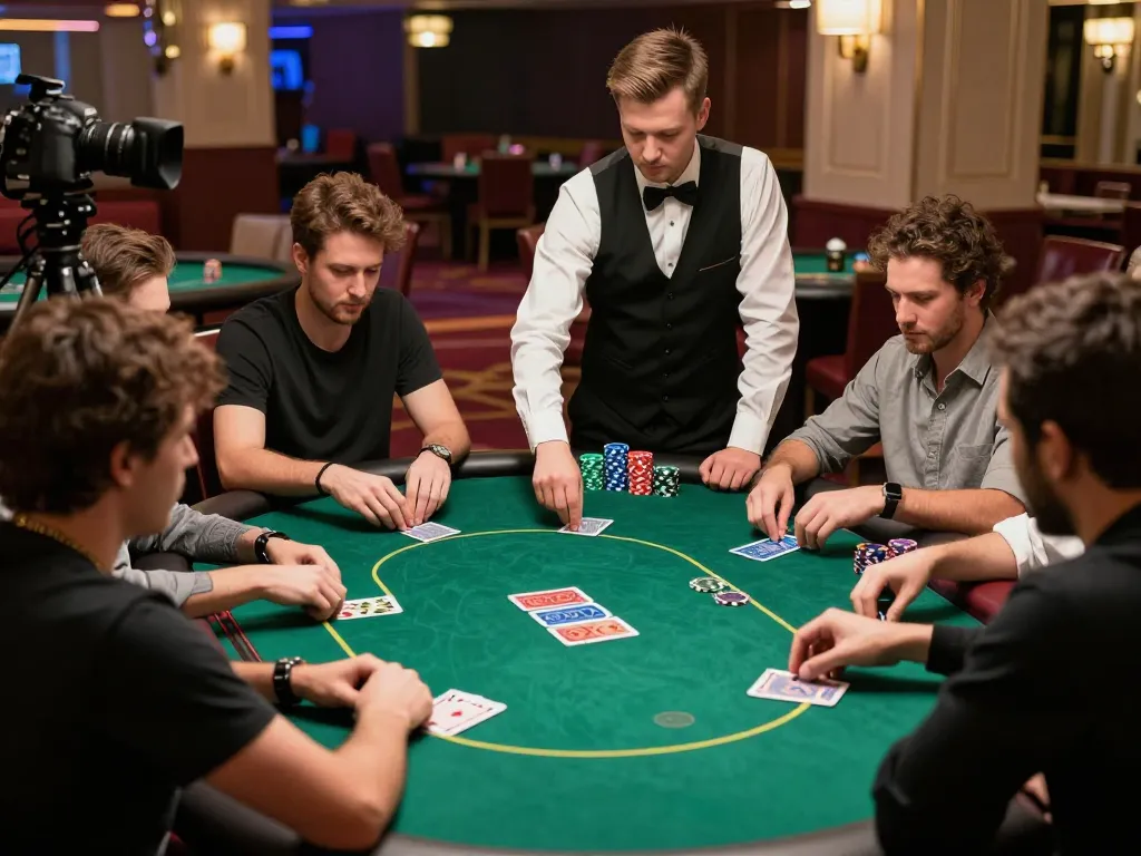 Players engaged in high-stakes poker at an upscale casino, emphasizing strategy and excitement with link lc88.