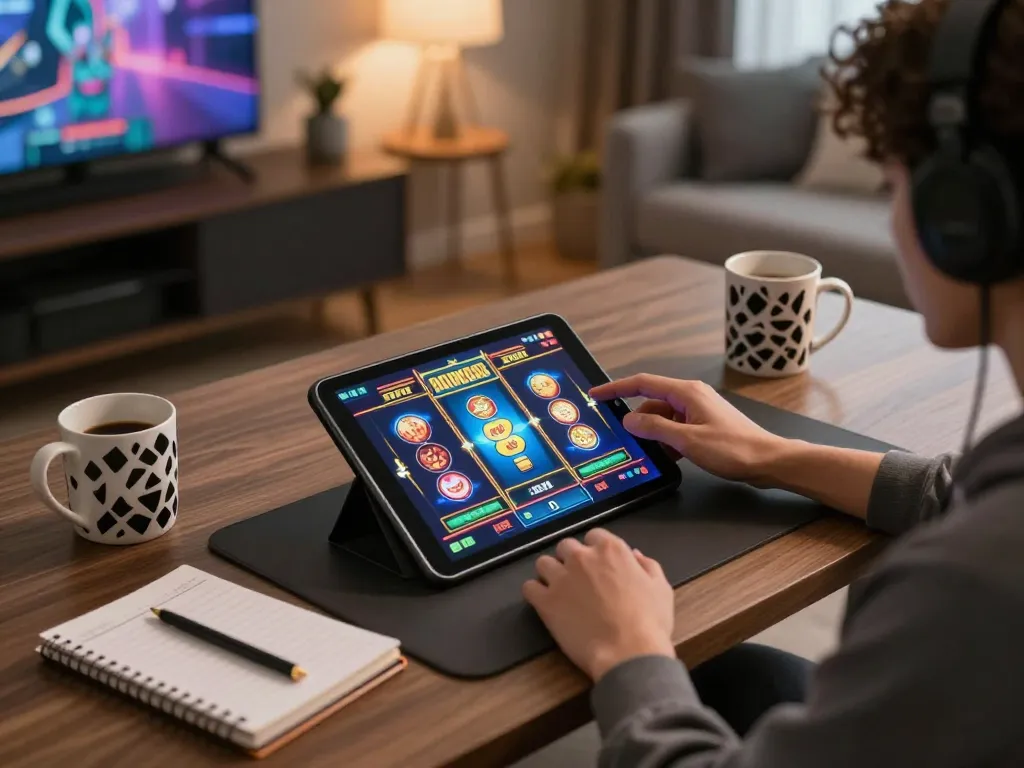 Player engaged in slot gaming at home with 88VIN app on tablet, cozy environment lighting enhances focus