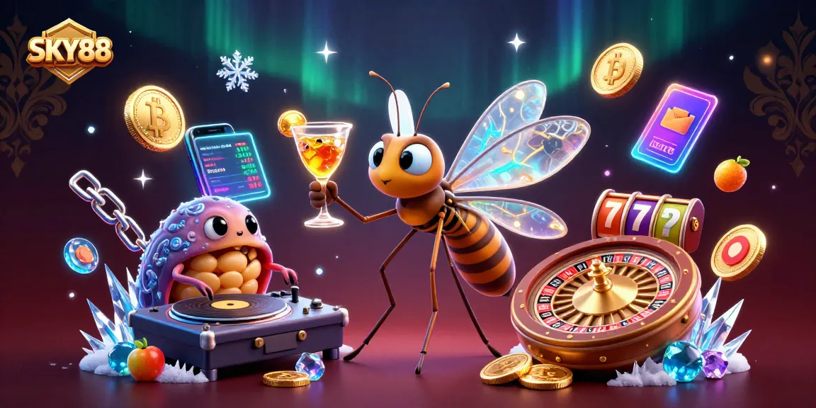 Engage with the vibrant SKY88 casino atmosphere featuring a lively 3D frozen mosquito mascot, spinning trilobite DJ, and golden roulette wheel.