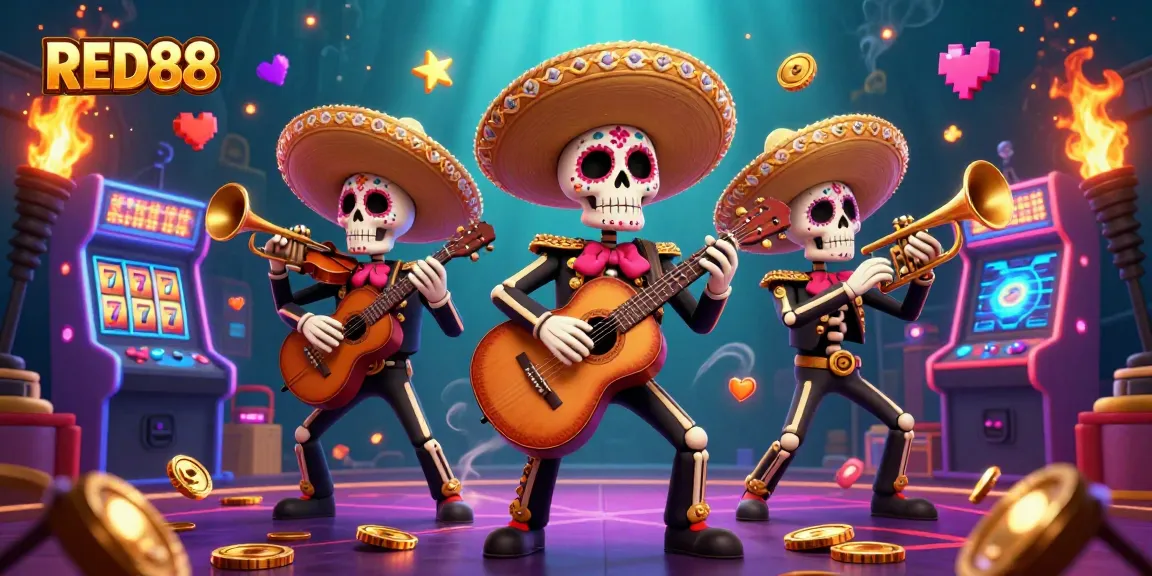 Spin to win at RED88 with this vibrant casino scene featuring mariachi skeletons.